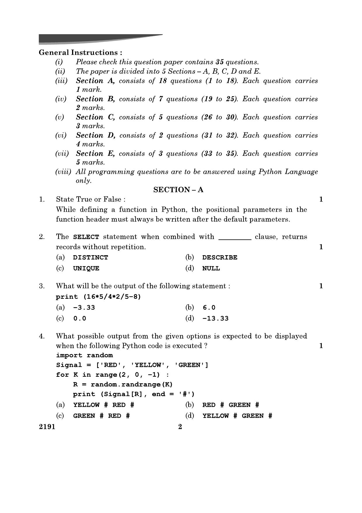 CBSE Class 12 Computer Science	2024 Question Paper - Page 2