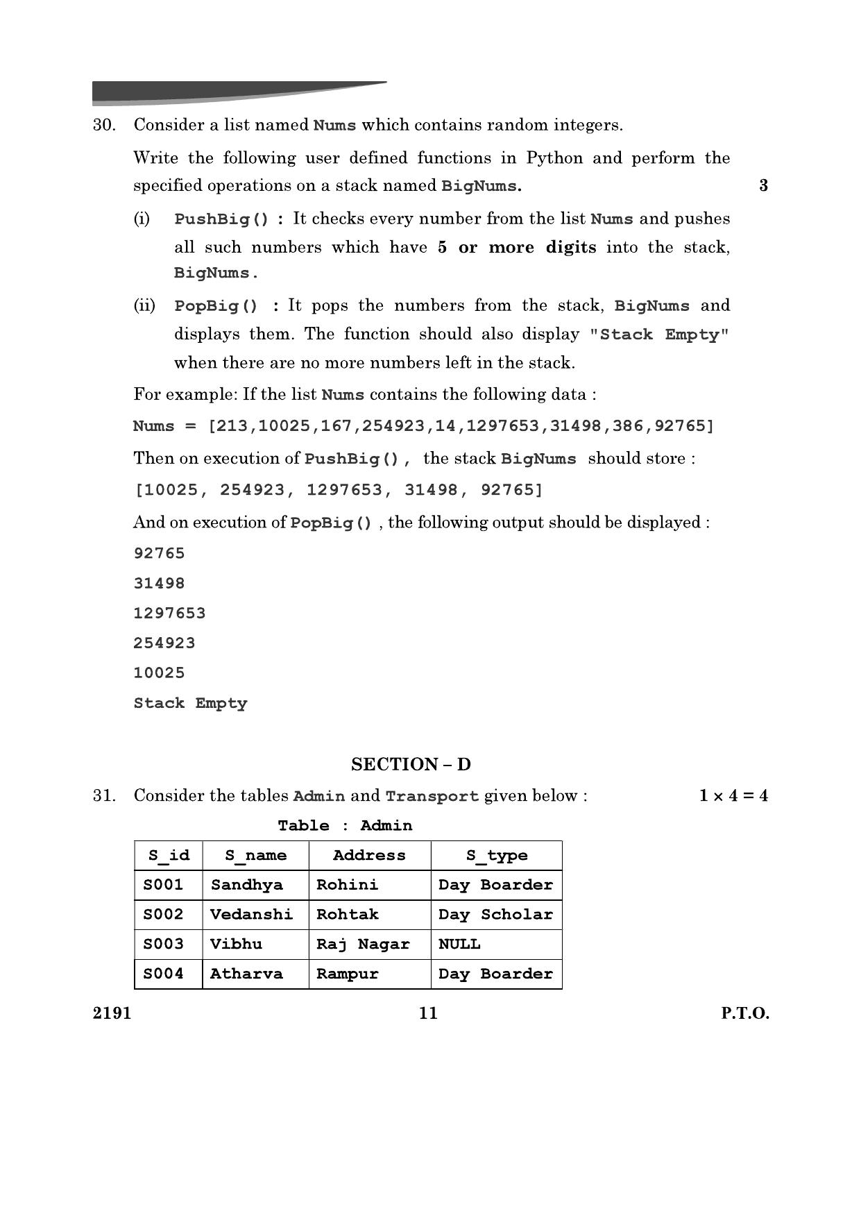 CBSE Class 12 Computer Science	2024 Question Paper - Page 11