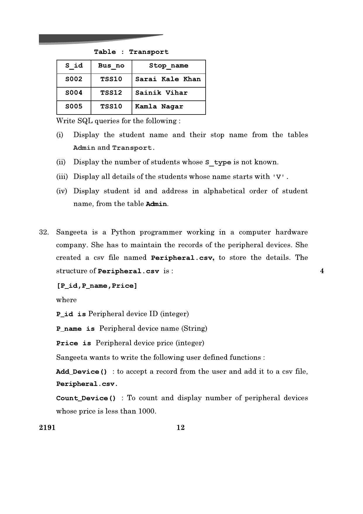 CBSE Class 12 Computer Science	2024 Question Paper - Page 12