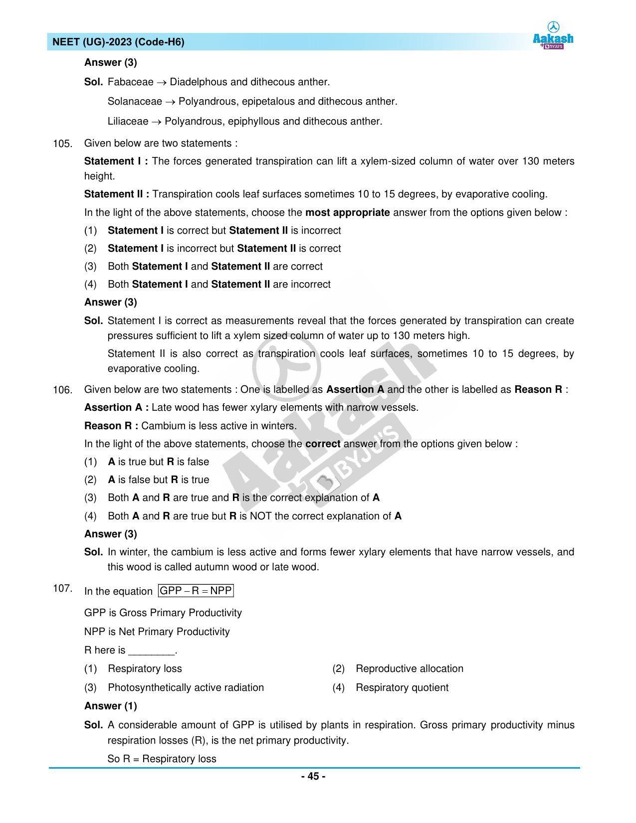 NEET 2023 Question Paper H6 (Aakash Institute) - Page 45