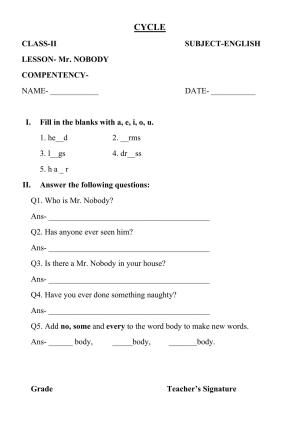 Worksheet for Class 2 English Assignment 85 Nobody
