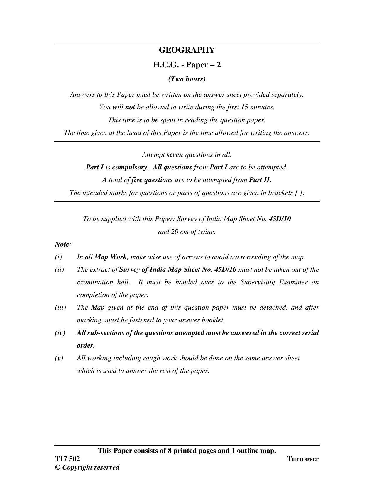 ICSE Class 10 GEOGRAPHY 2017 Question Paper - Page 1