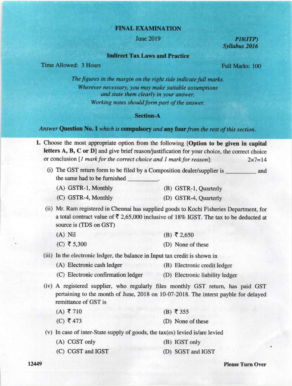 ICMAI June 2019 Indirect Tax Laws and Practise Question Paper (Final)  - Page 1