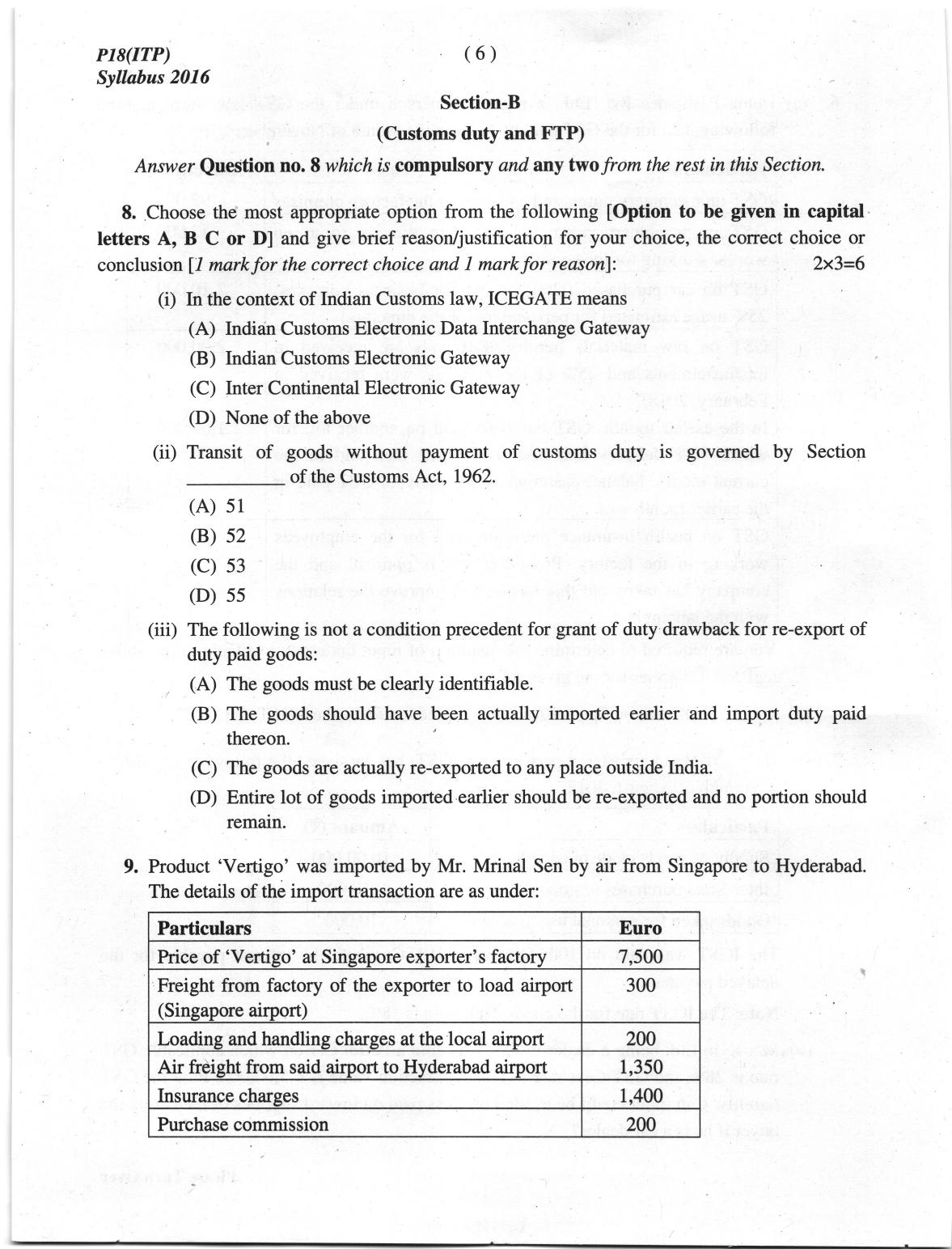 ICMAI June 2019 Indirect Tax Laws and Practise Question Paper (Final)  - Page 6