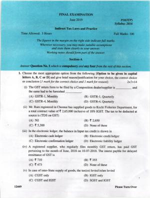 ICMAI June 2019 Indirect Tax Laws and Practise Question Paper (Final) 