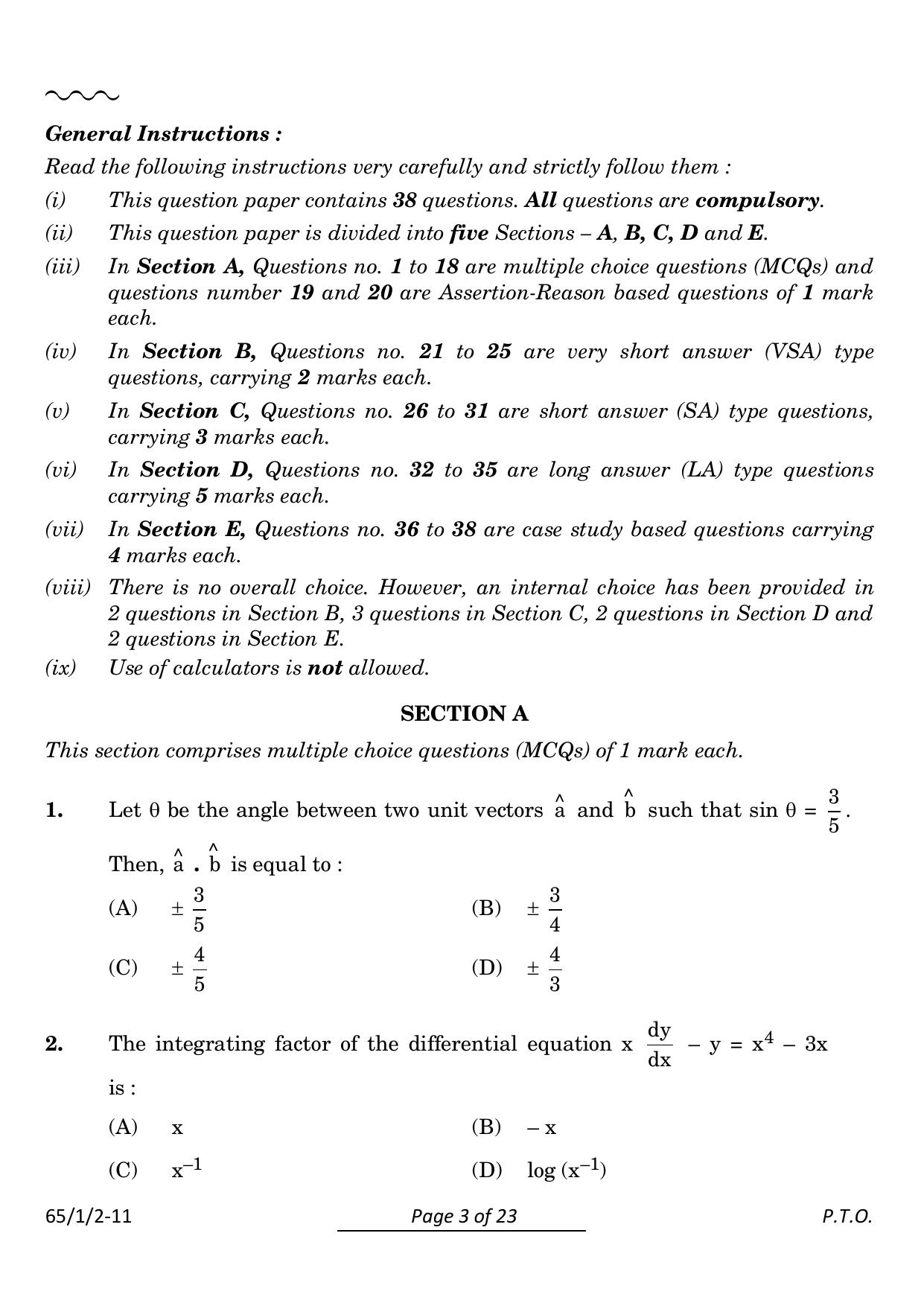 CBSE Class 12 65-1-2 Mathematics 2024 Question Paper - Page 3