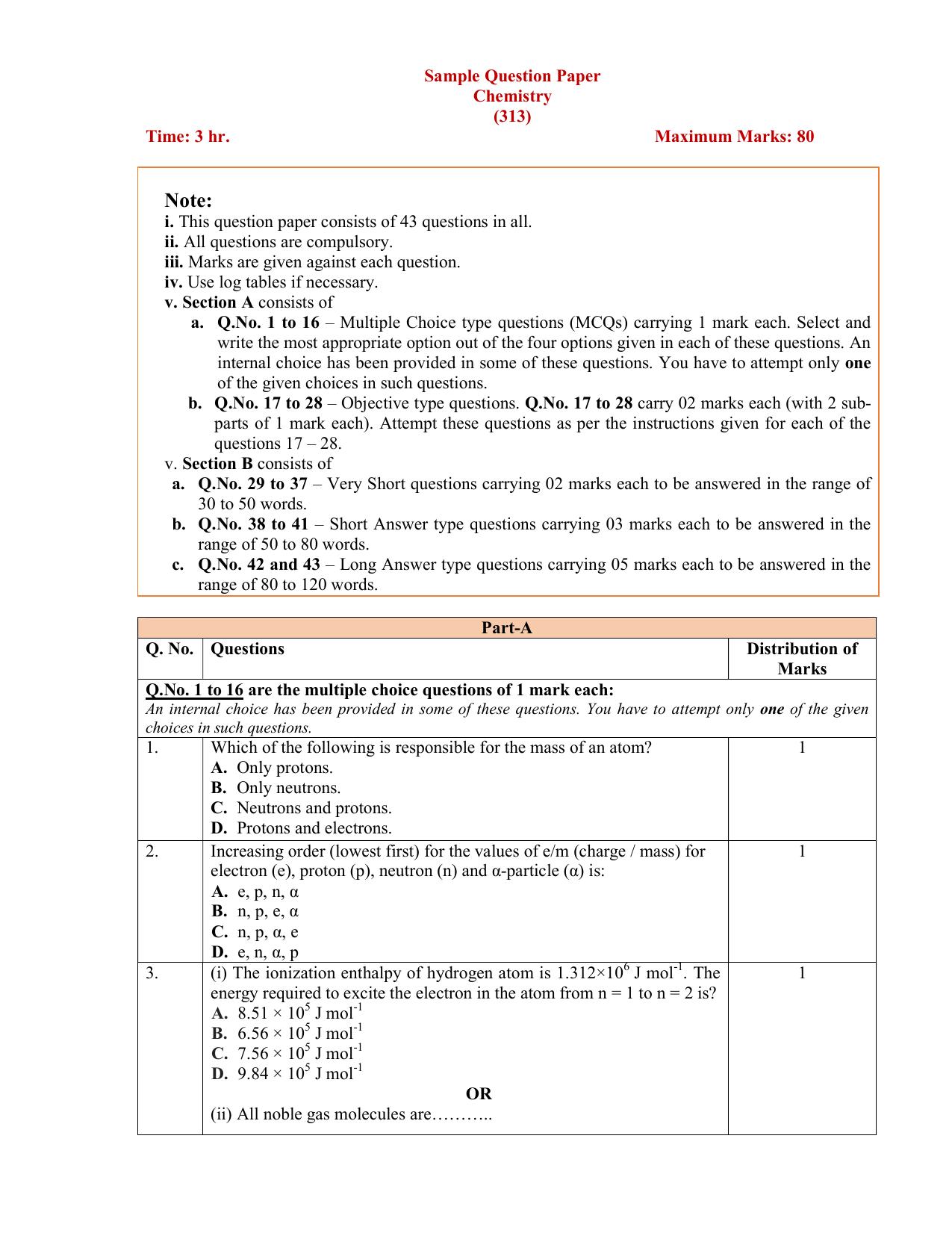 NIOS Class 12 Chemistry Sample Paper - Page 1