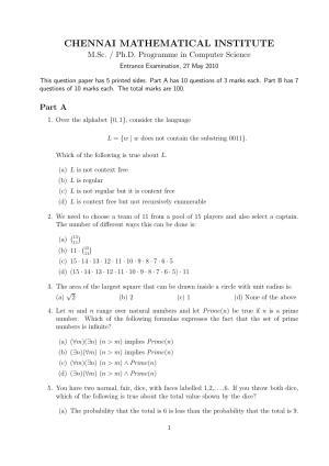 CMI Entrance Exam 2010 Question Paper MSc/PhD Computer Science