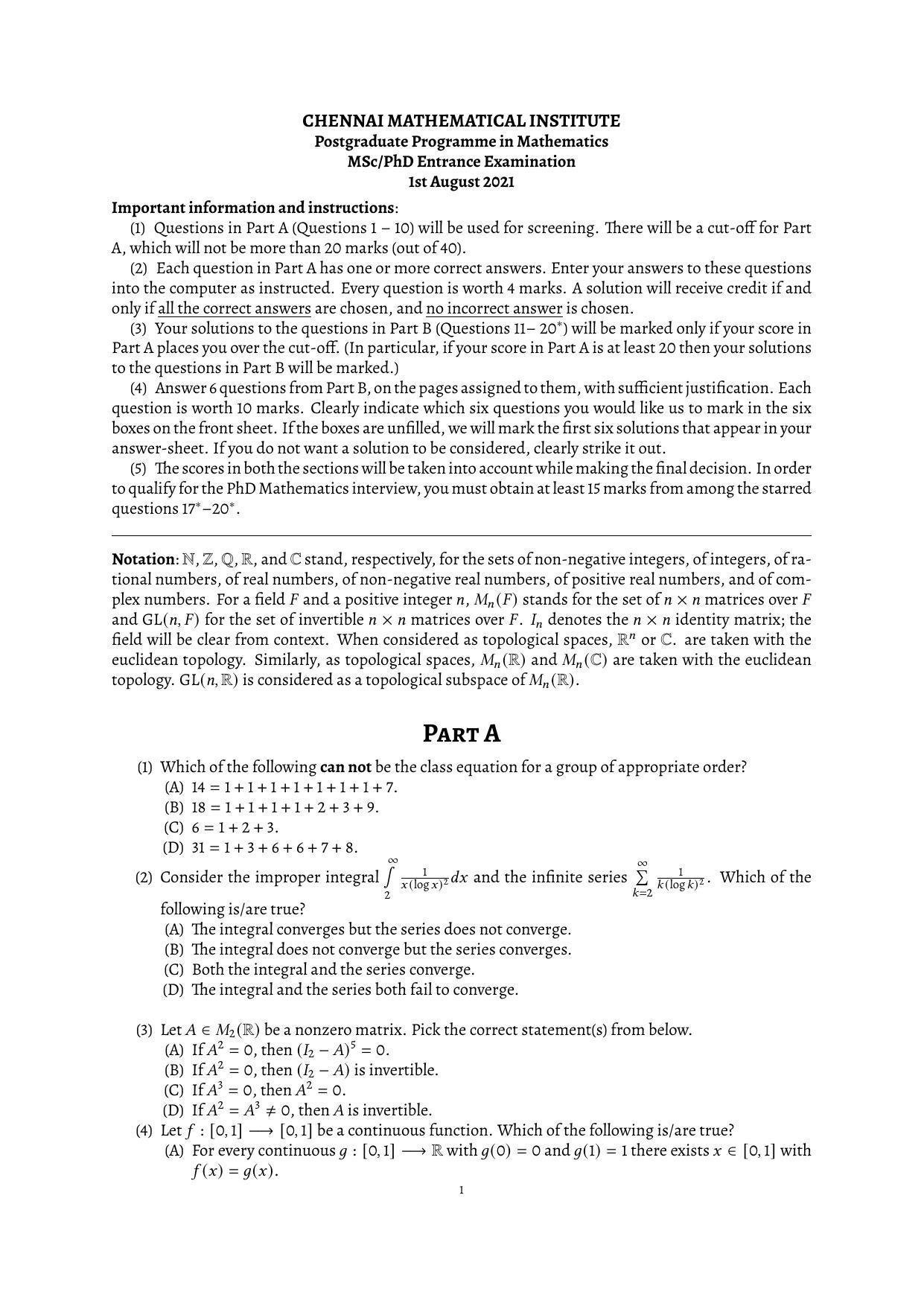 CMI Entrance Exam 2021 Question Paper MSc/PhD Mathematics - Page 1