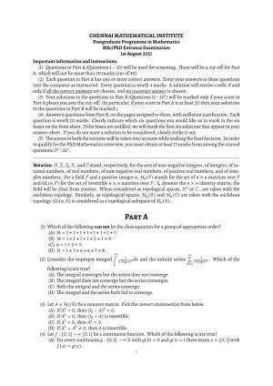 CMI Entrance Exam 2021 Question Paper MSc/PhD Mathematics
