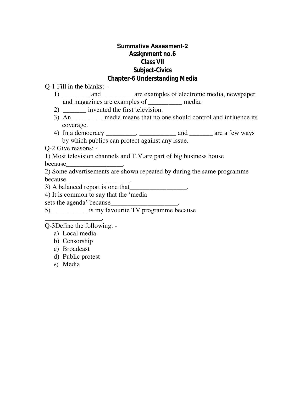 CBSE Worksheets for Class 7 Civics Assignment 6 - Page 1