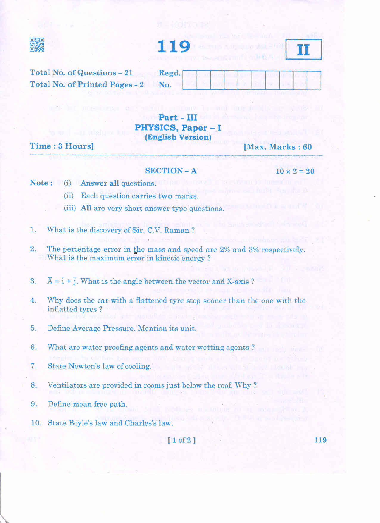 AP Inter 1st Year PHYSICS-I (EM) March-2020-General Question Paper - Page 1