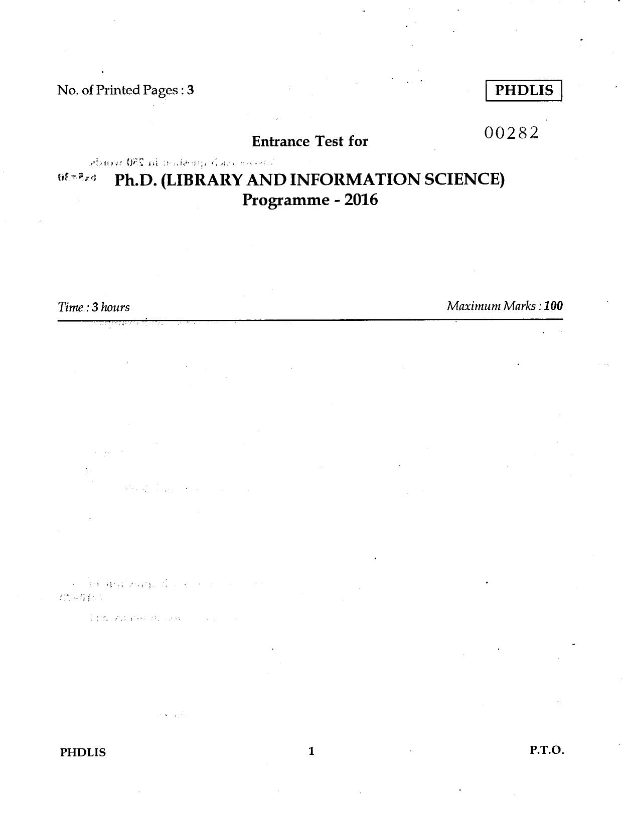 IGNOU PhD Entrance Test Ph.D Library And Information Science 2016 Question Paper - Page 1