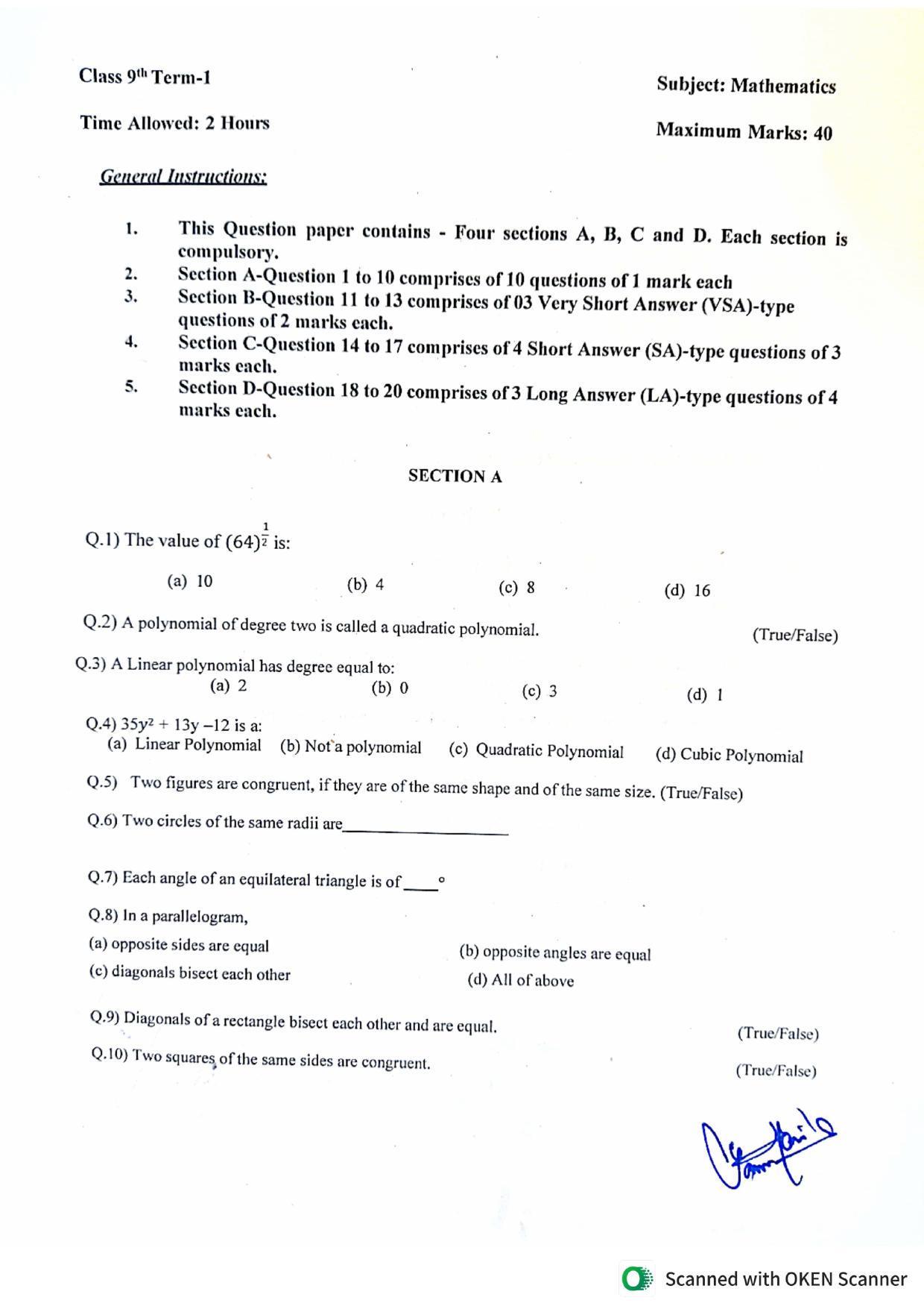 JKBOSE Class 9 Mathematics (T1 & T2) Model Question Paper - Page 1