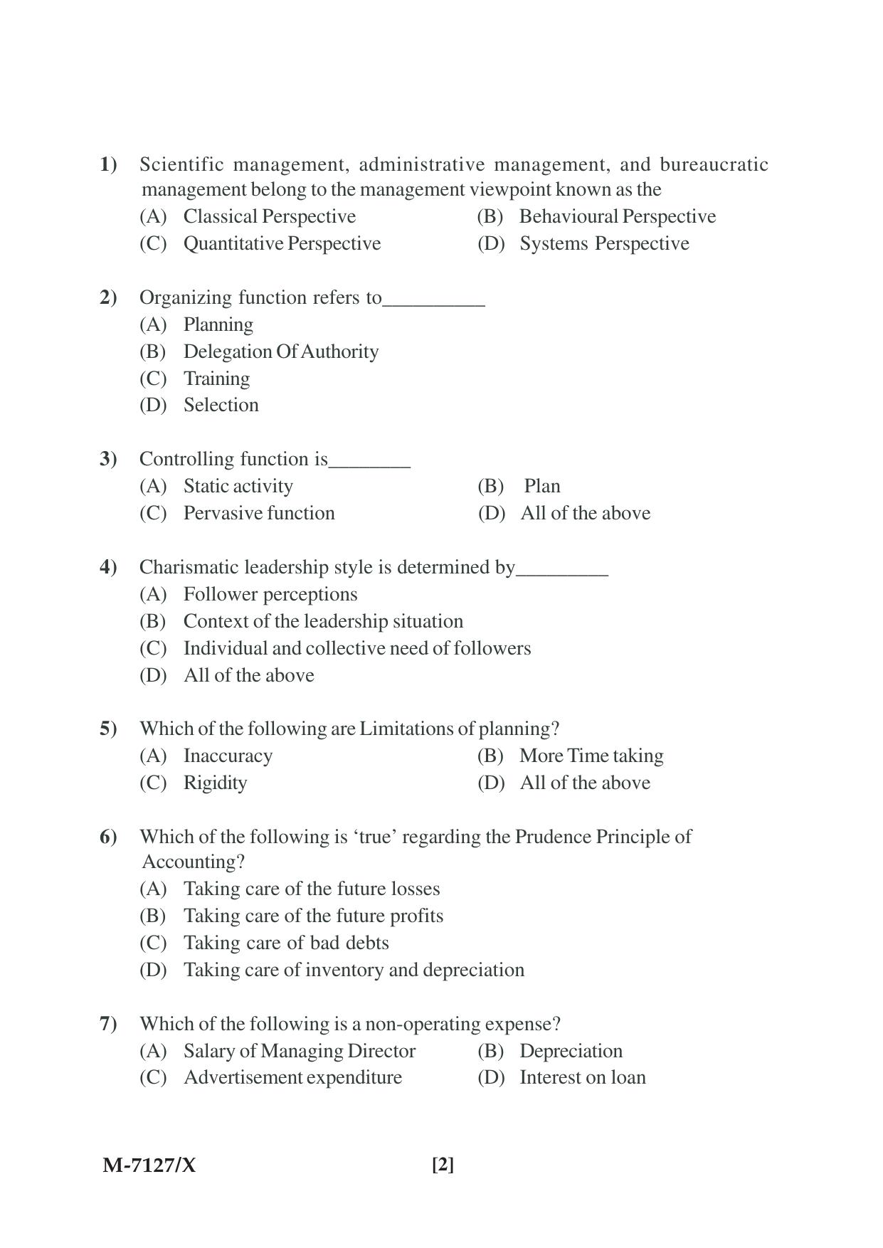 Mysore University PG Entrance Exam 2019: Commerce Financial Service Question Paper - Page 2