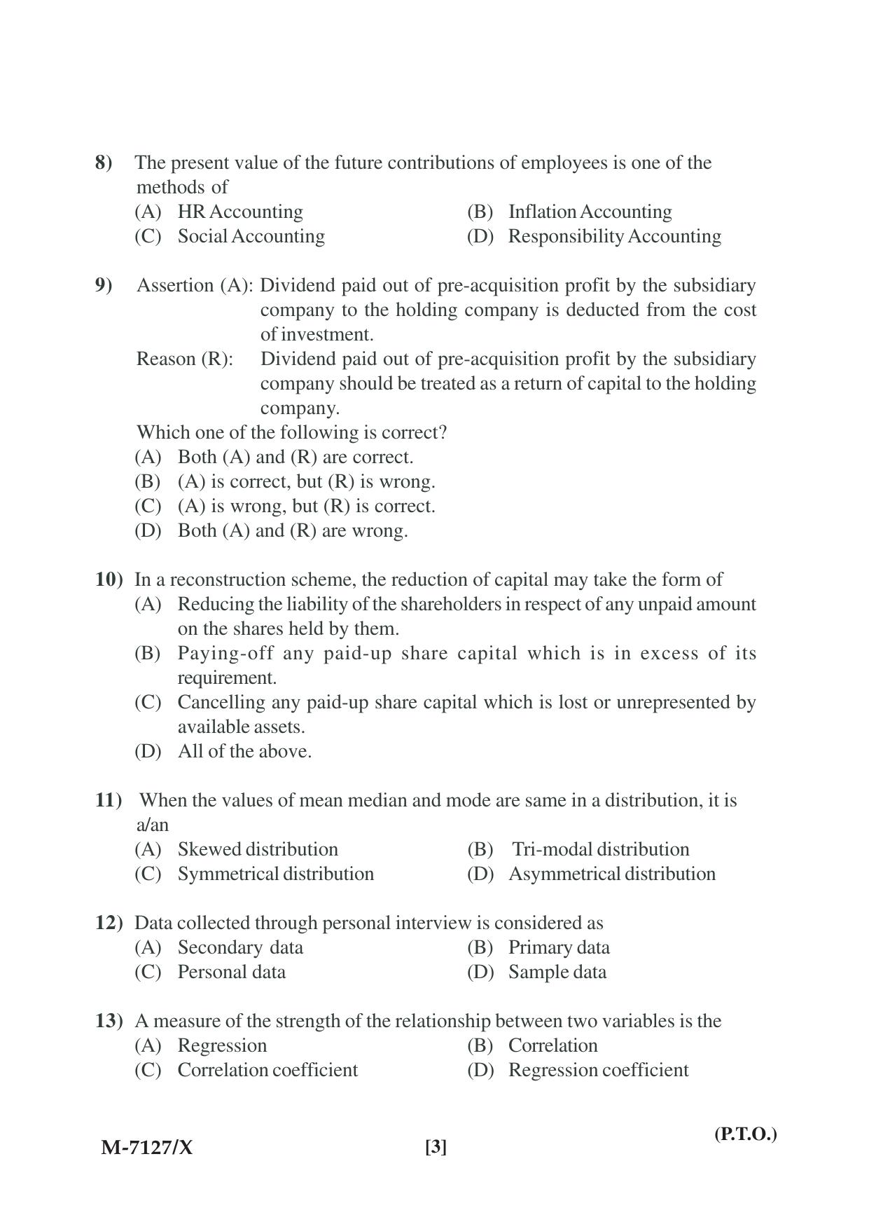 Mysore University PG Entrance Exam 2019: Commerce Financial Service Question Paper - Page 3