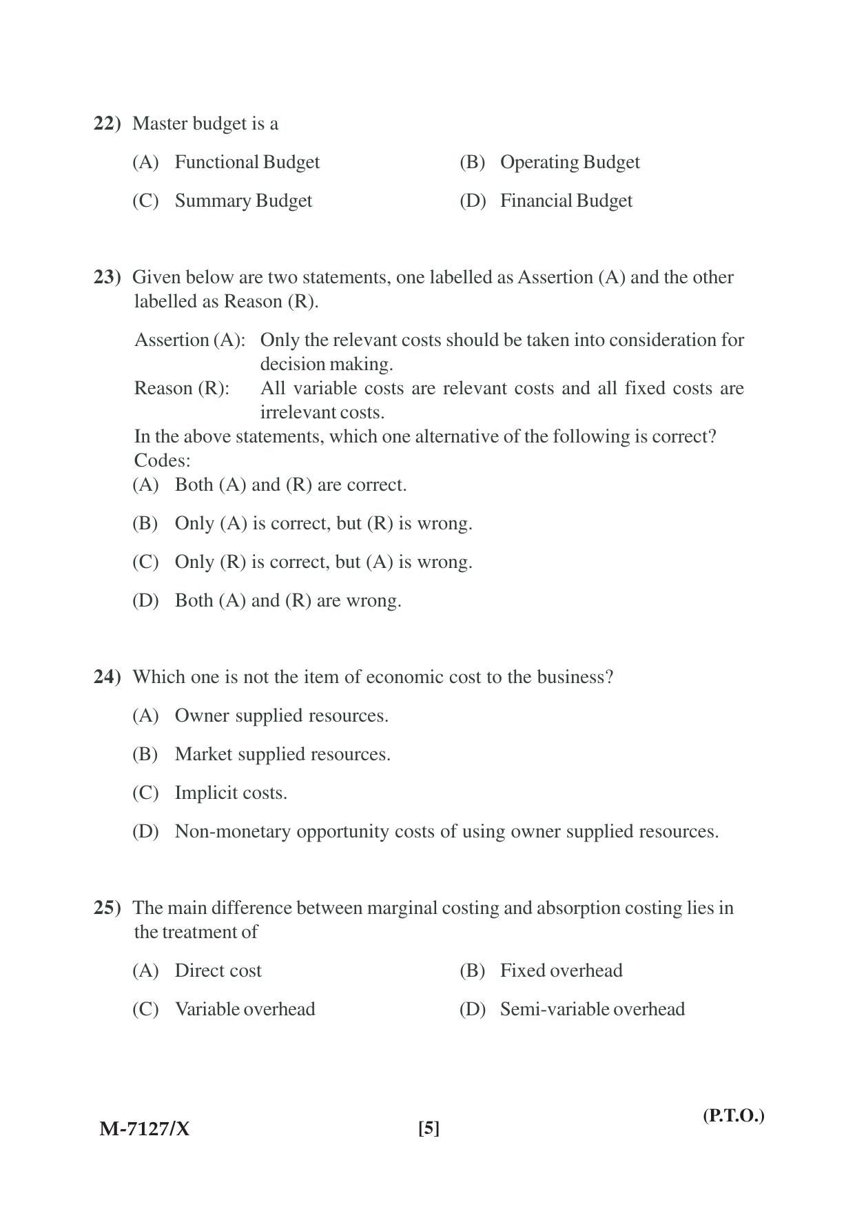 Mysore University PG Entrance Exam 2019: Commerce Financial Service Question Paper - Page 5