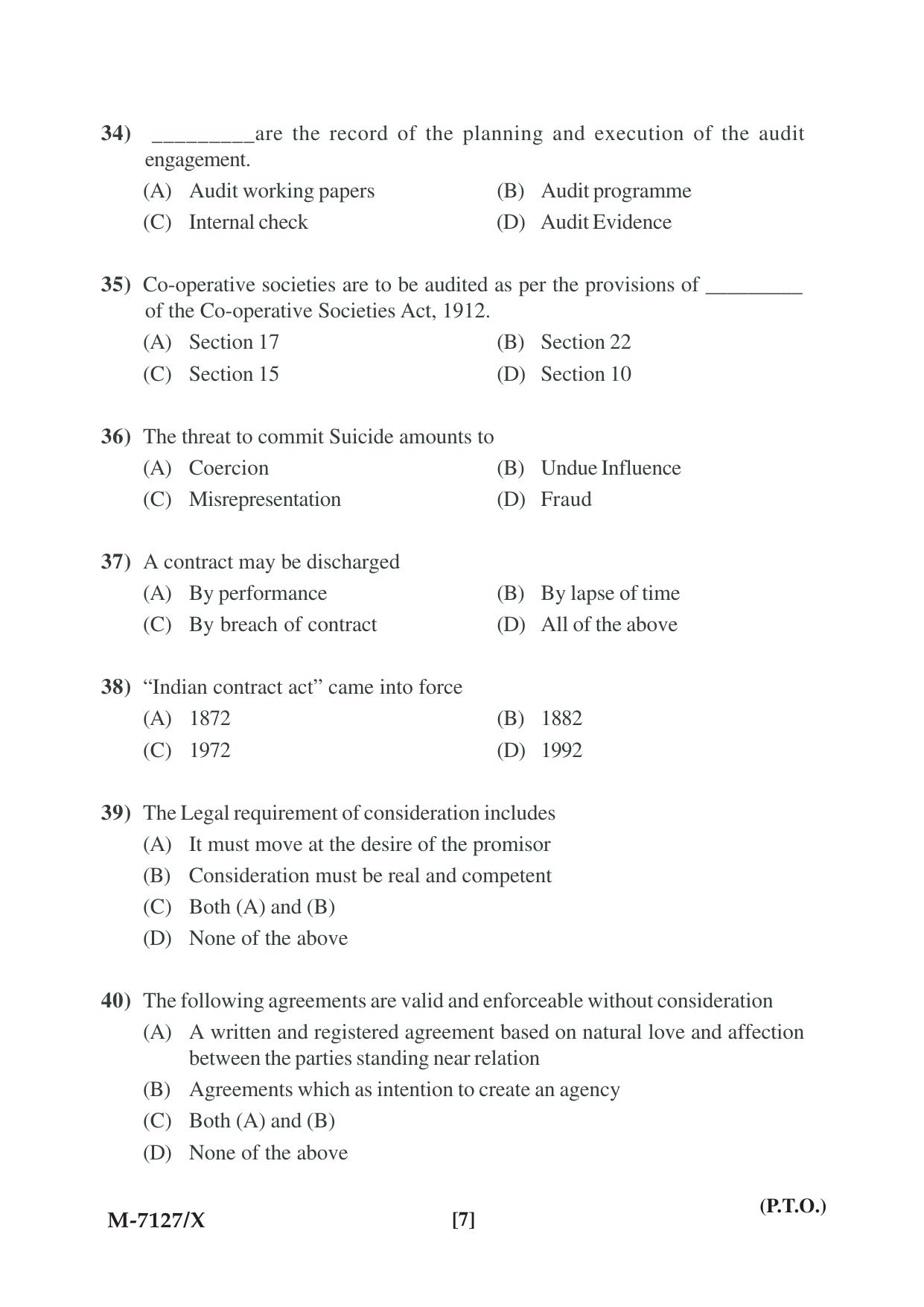 Mysore University PG Entrance Exam 2019: Commerce Financial Service Question Paper - Page 7
