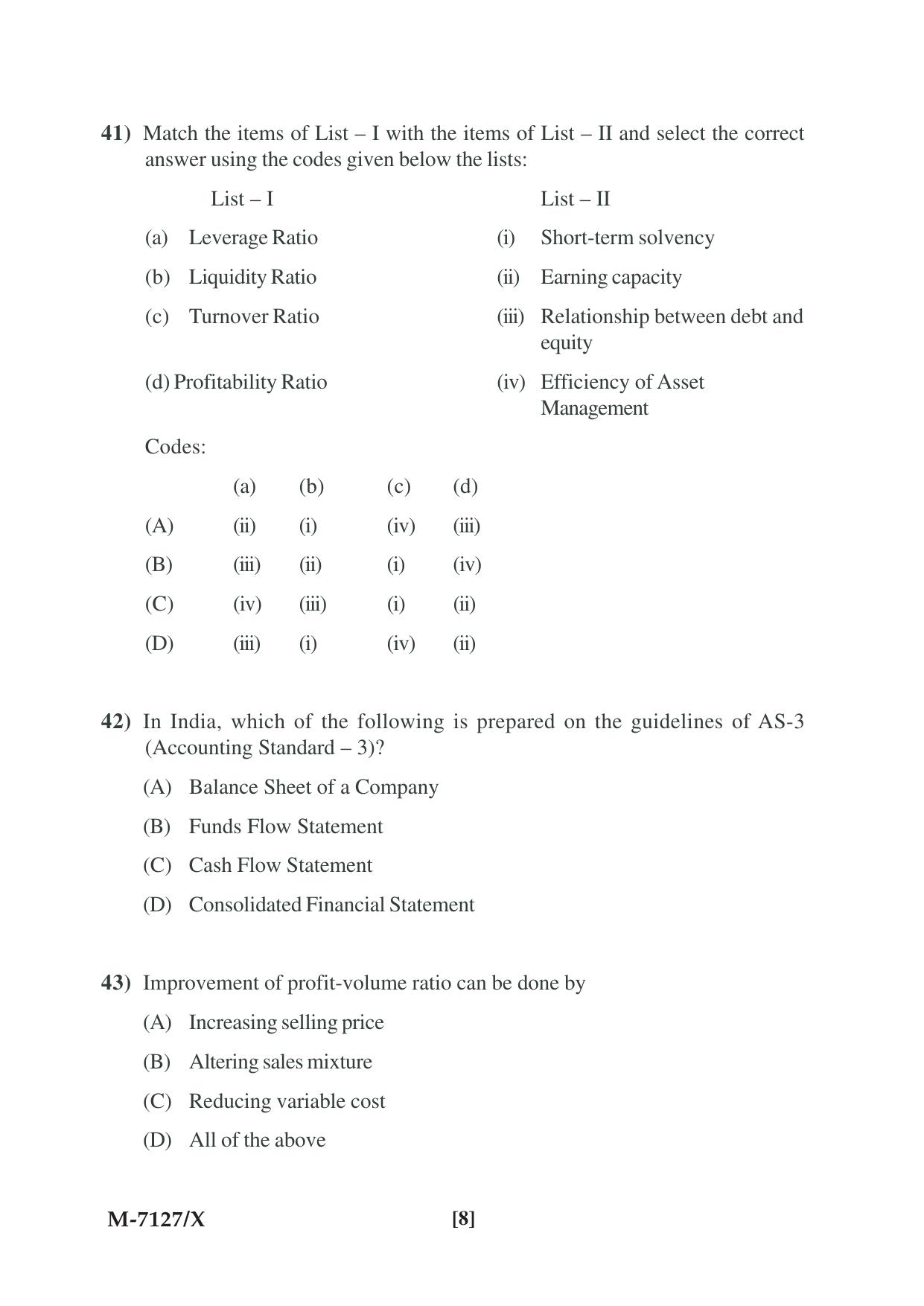 Mysore University PG Entrance Exam 2019: Commerce Financial Service Question Paper - Page 8