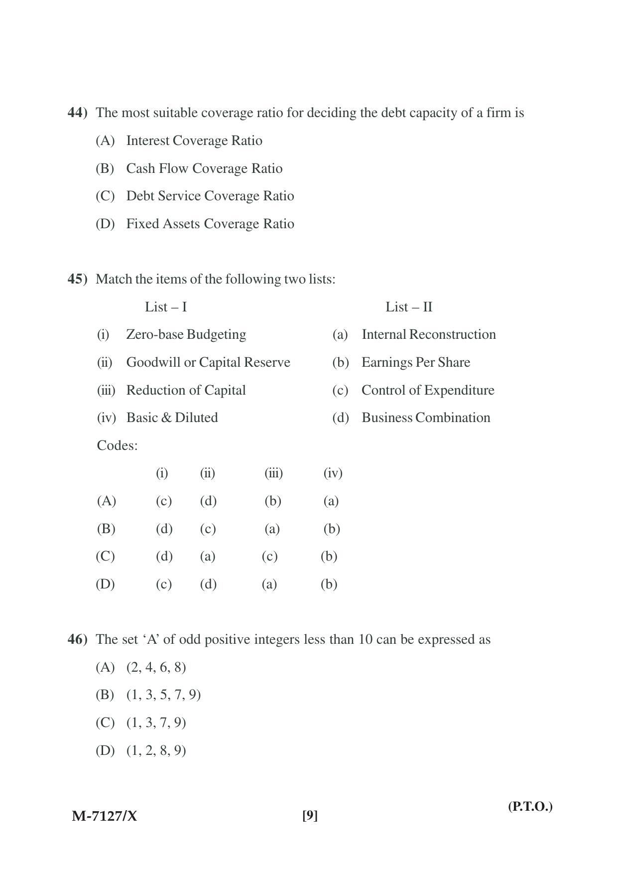 Mysore University PG Entrance Exam 2019: Commerce Financial Service Question Paper - Page 9
