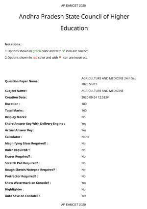 TS EAMCET 2020 Agriculture and Medical Question Paper with Key (24 Sep.2020 Forenoon)