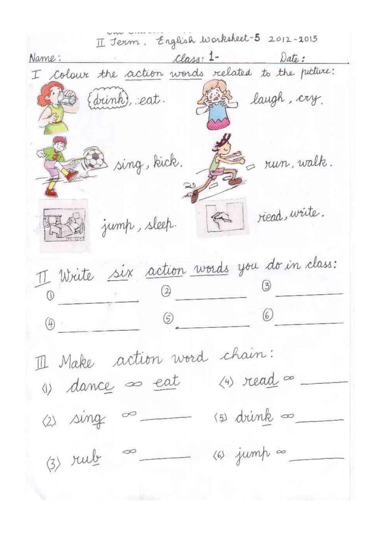 Worksheet for Class 1 English Assignment 6 - Page 1