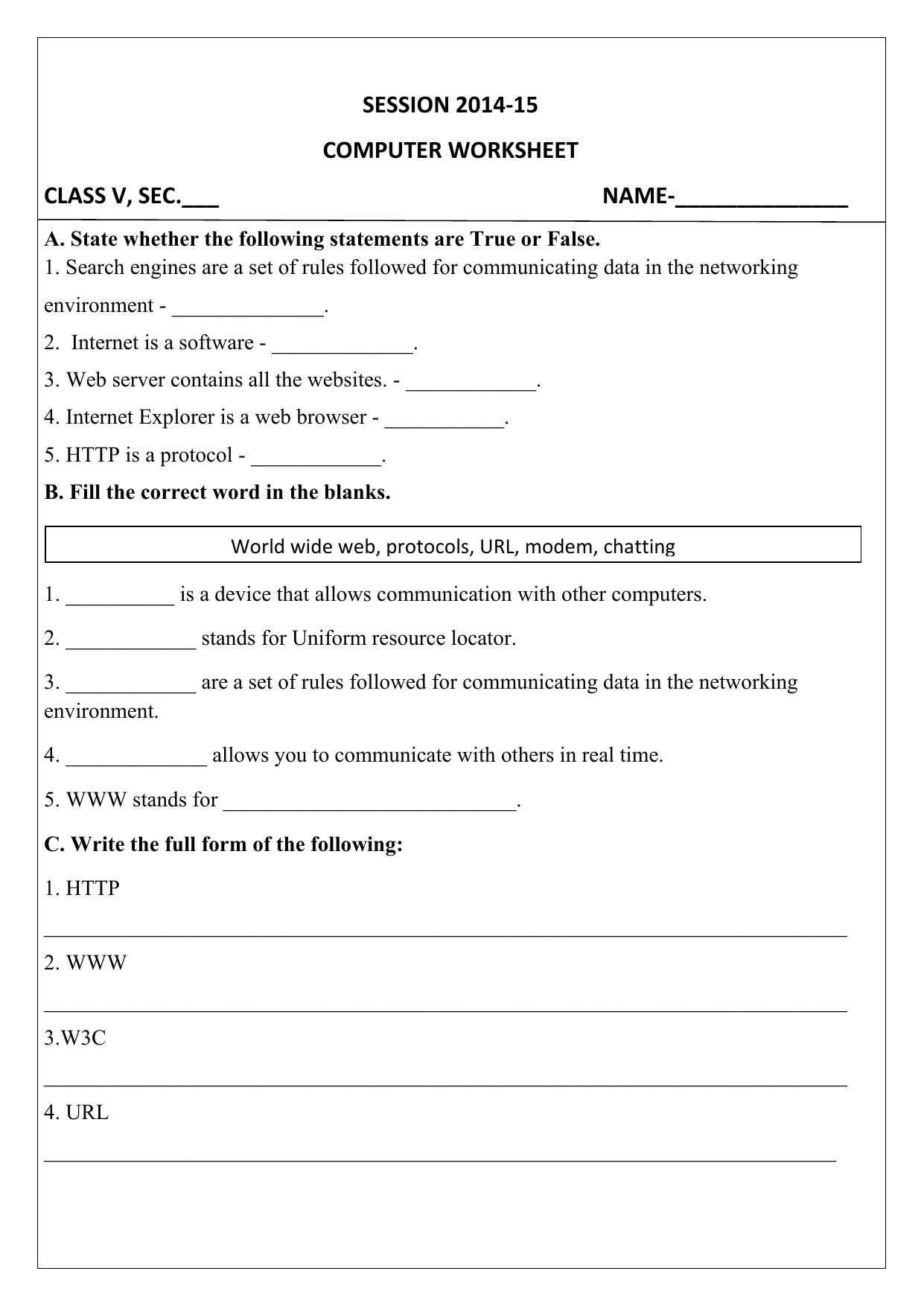 Worksheet for Class 5 Computer Science Assignment 5 - Page 1