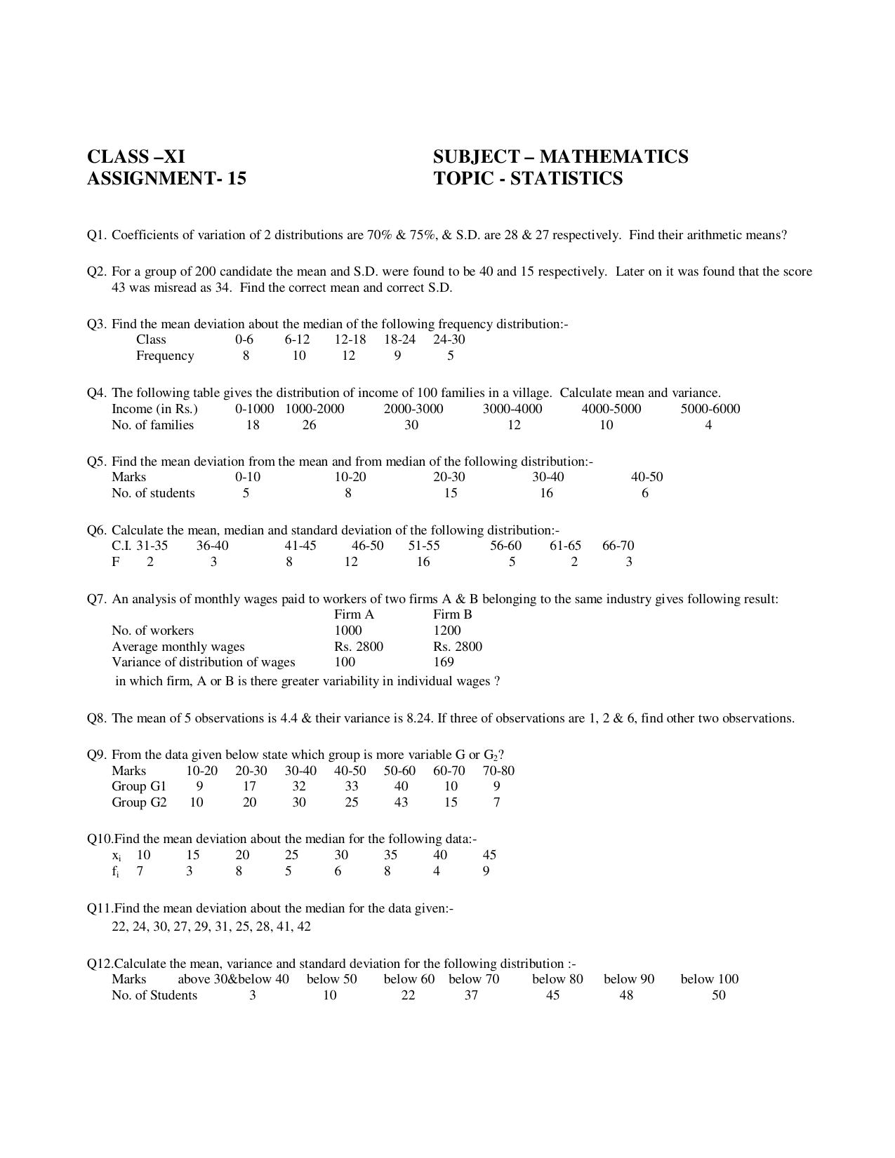 CBSE Worksheets for Class 11 Mathematics Statistics Assignment 2 - Page 1