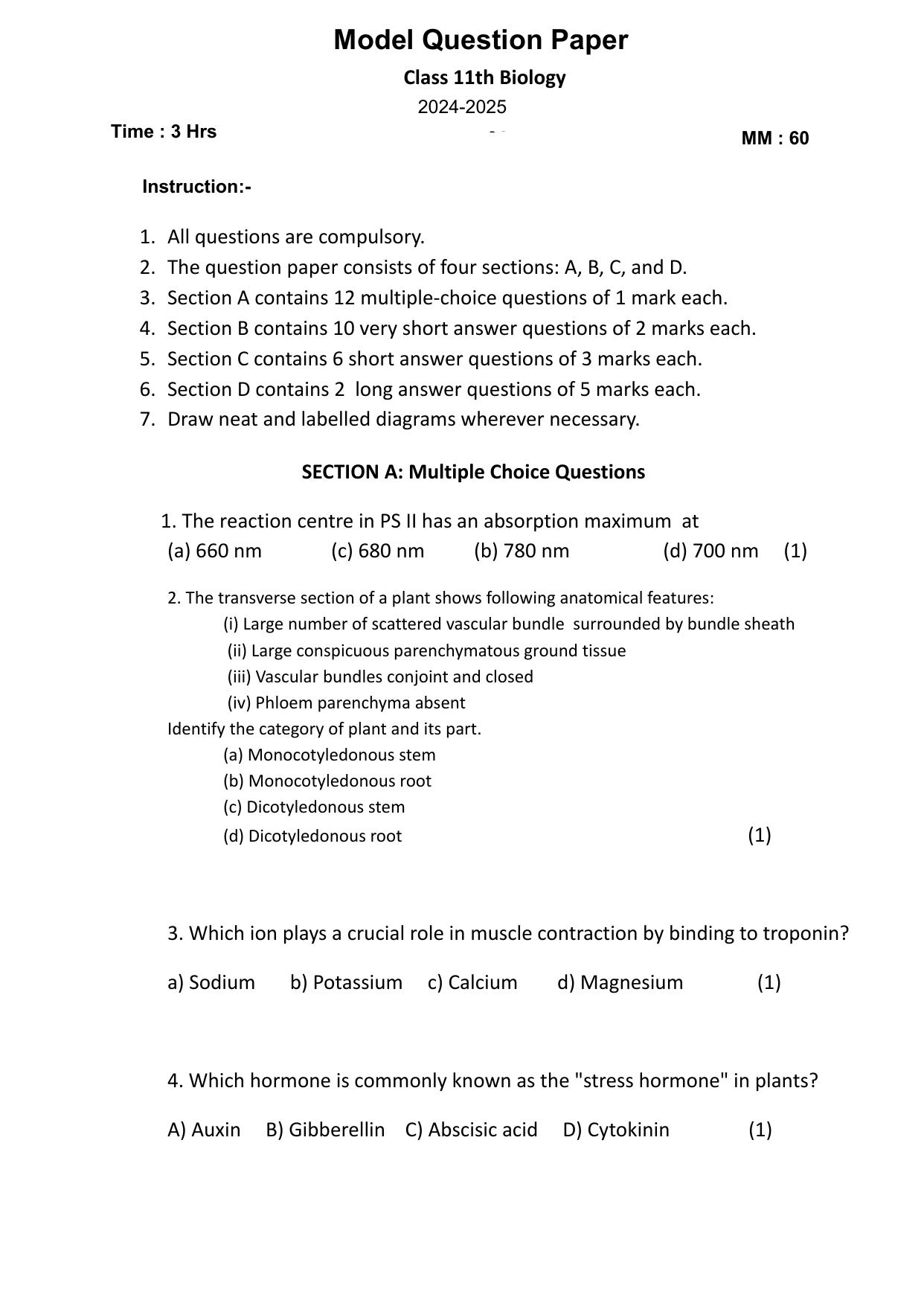 HPBOSE Class 11th Biology Sample Question Papers 2025 - Page 1
