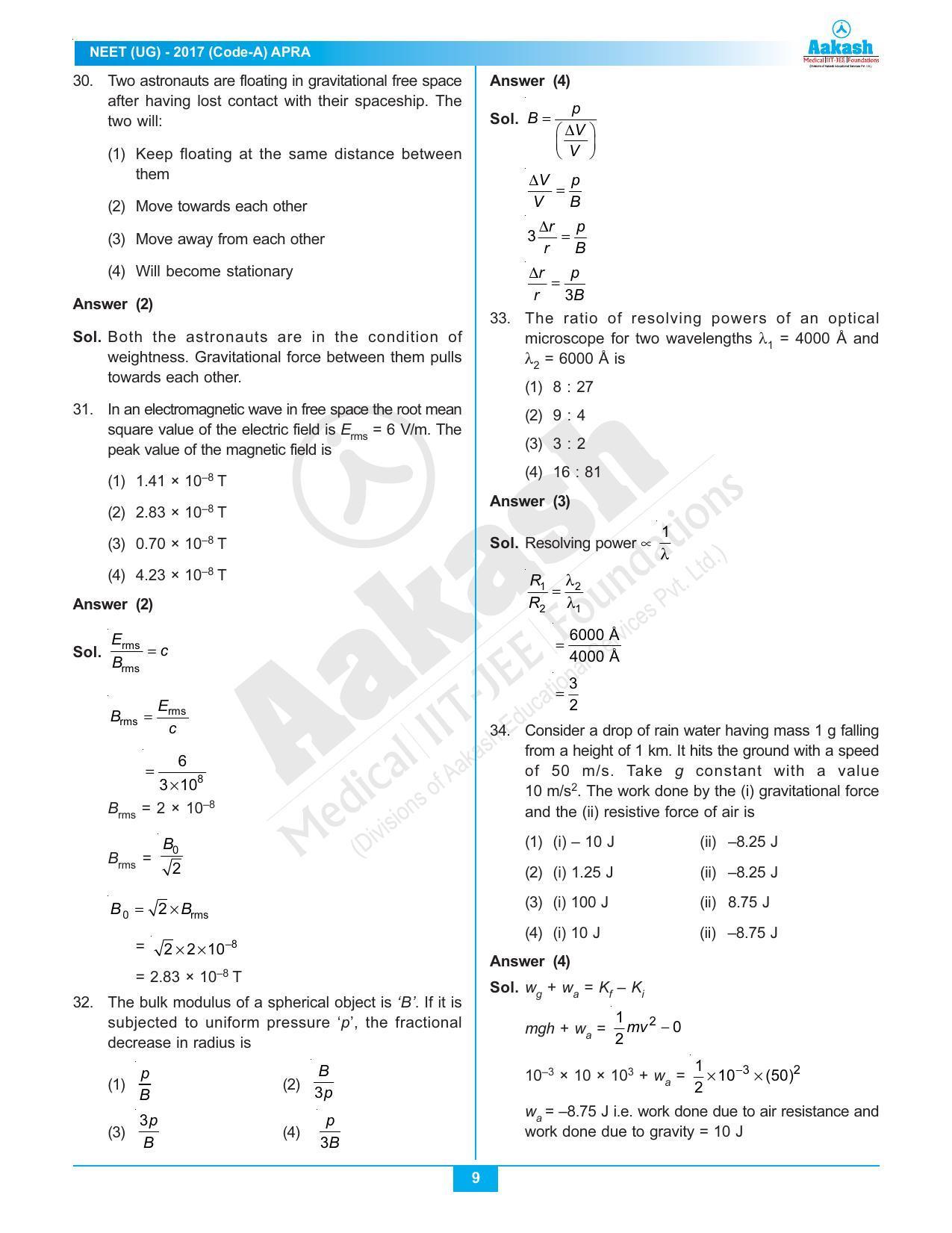 NEET Code A 2017 Answer & Solutions - Page 9