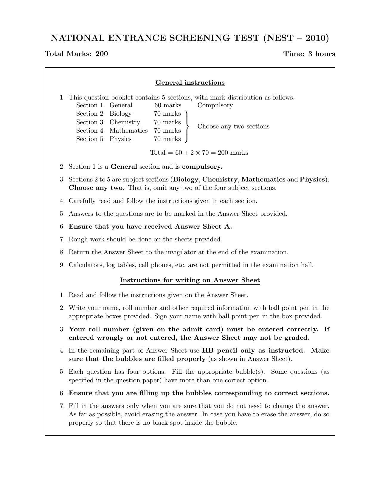NEST 2010 Question Paper - Page 2