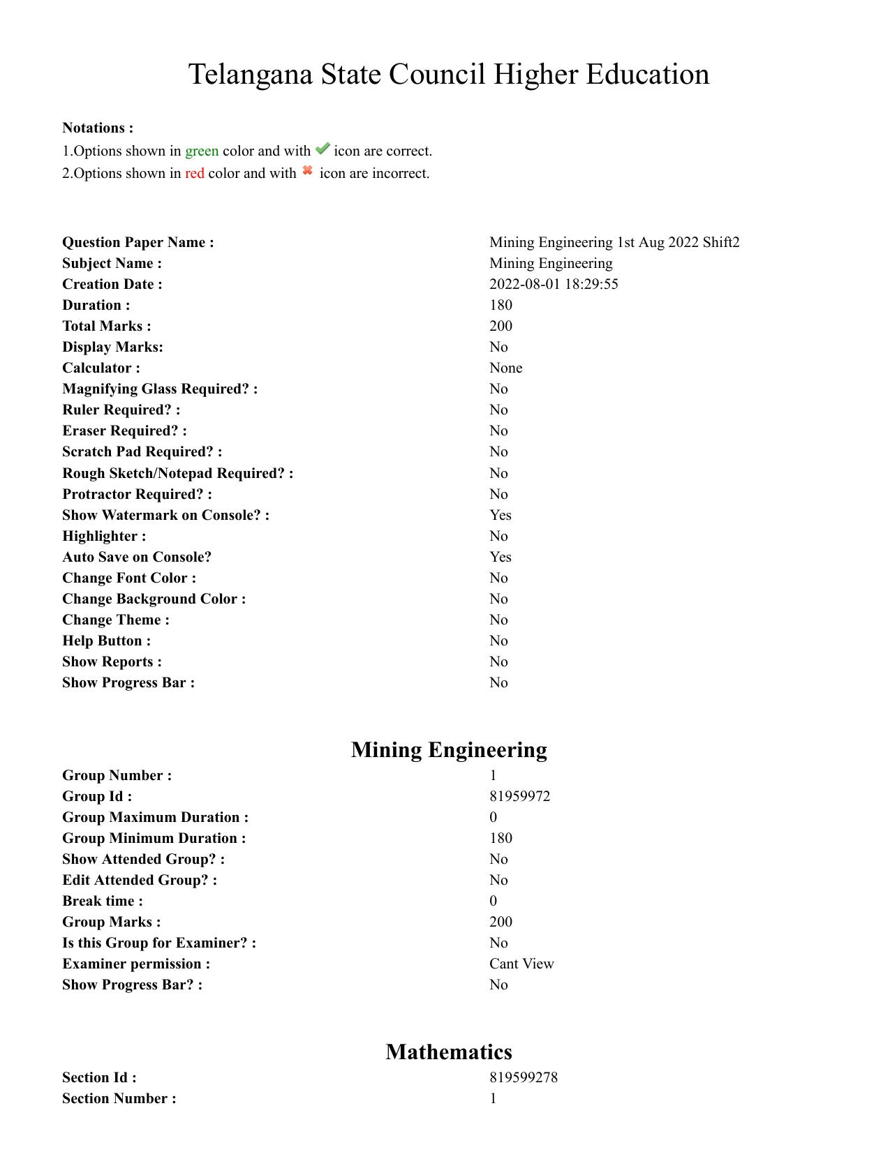 TS ECET 2022 Mining Engineering Question Paper - Page 1