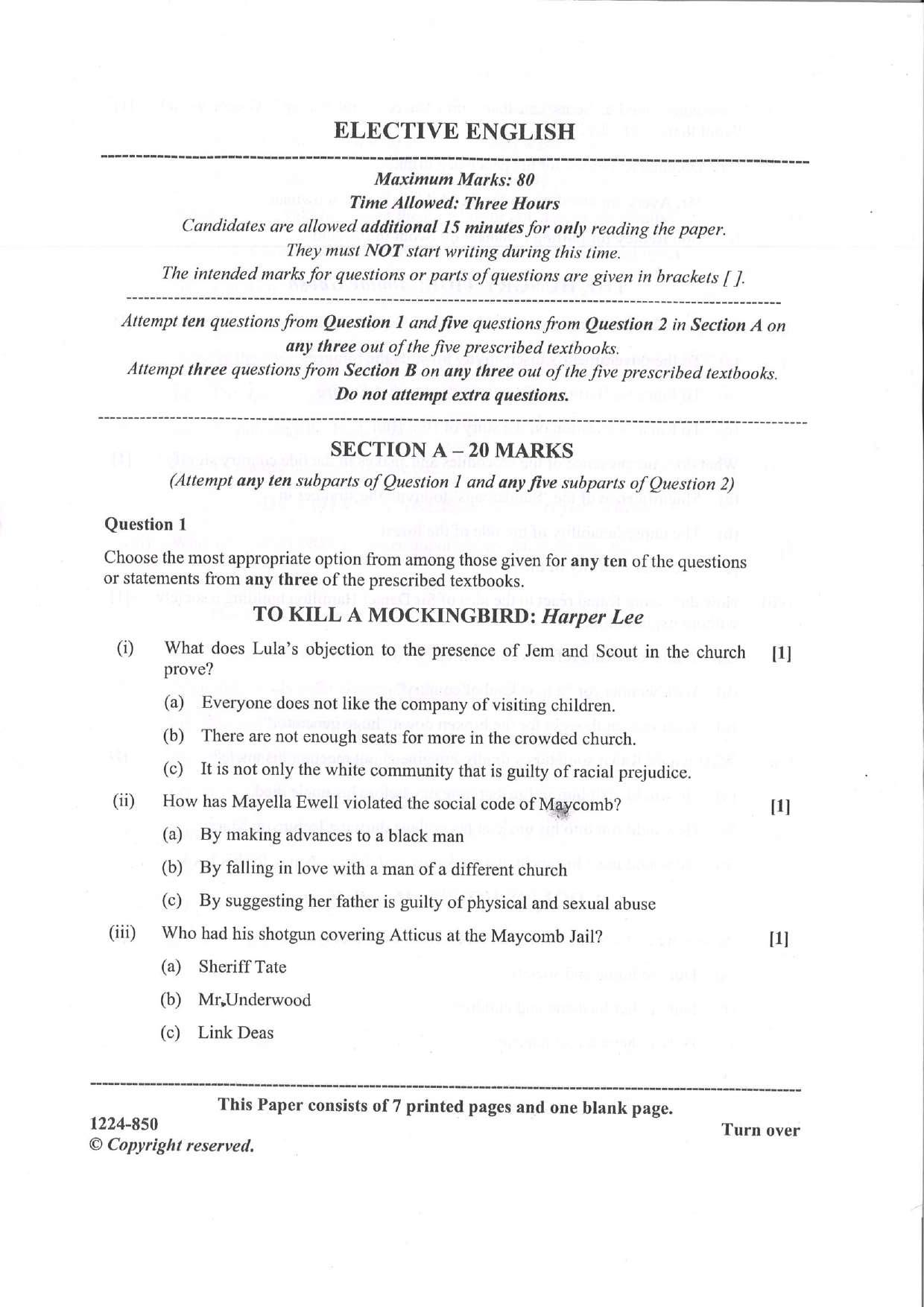ISC Class 12 Elective English 2024 Question Paper - Page 1