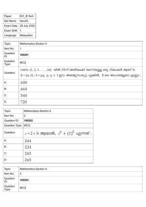 JEE Mains 2022: BTech Malayalam (Shift 1) 29-07-2022 Question Paper