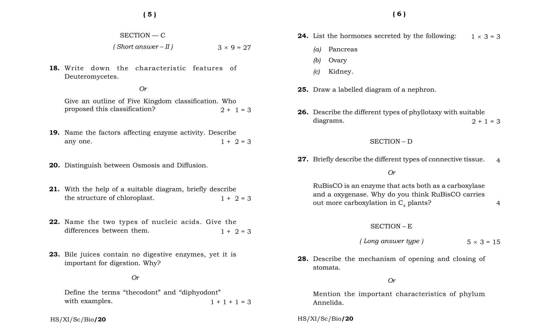 Meghalaya Board (MBOSE) Class 11 Biology 2020 Question Paper - Page 3