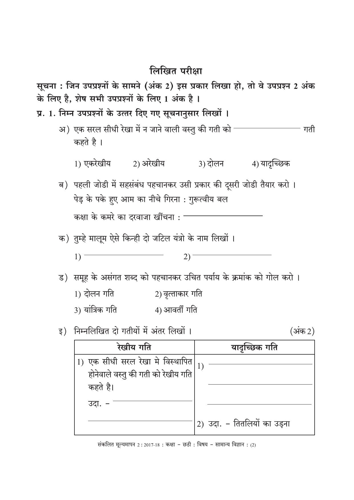 Maharashtra Board Class 6 Science (Hindi Medium) विज्ञान - हिंदी माध्यम Sample Question Paper - Page 2