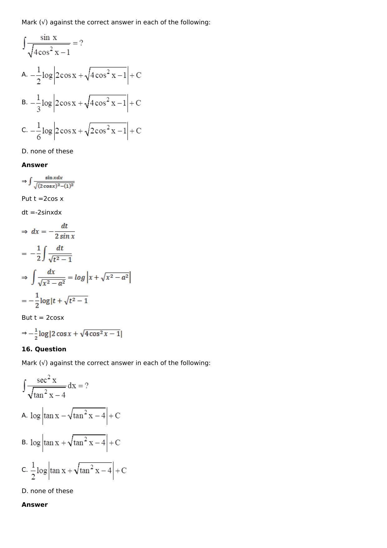 Chapter 15: Integration Using Partial Fractions Solutions: RS Aggarwal Class 12 Solutions  - Page 90