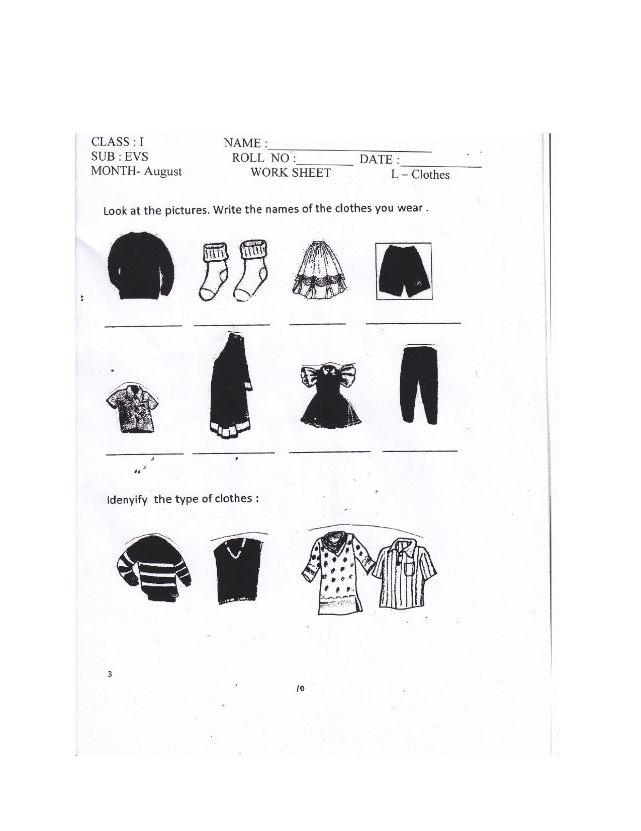Worksheet for Class 1 EVS Clothes Assignment 3 - Page 1