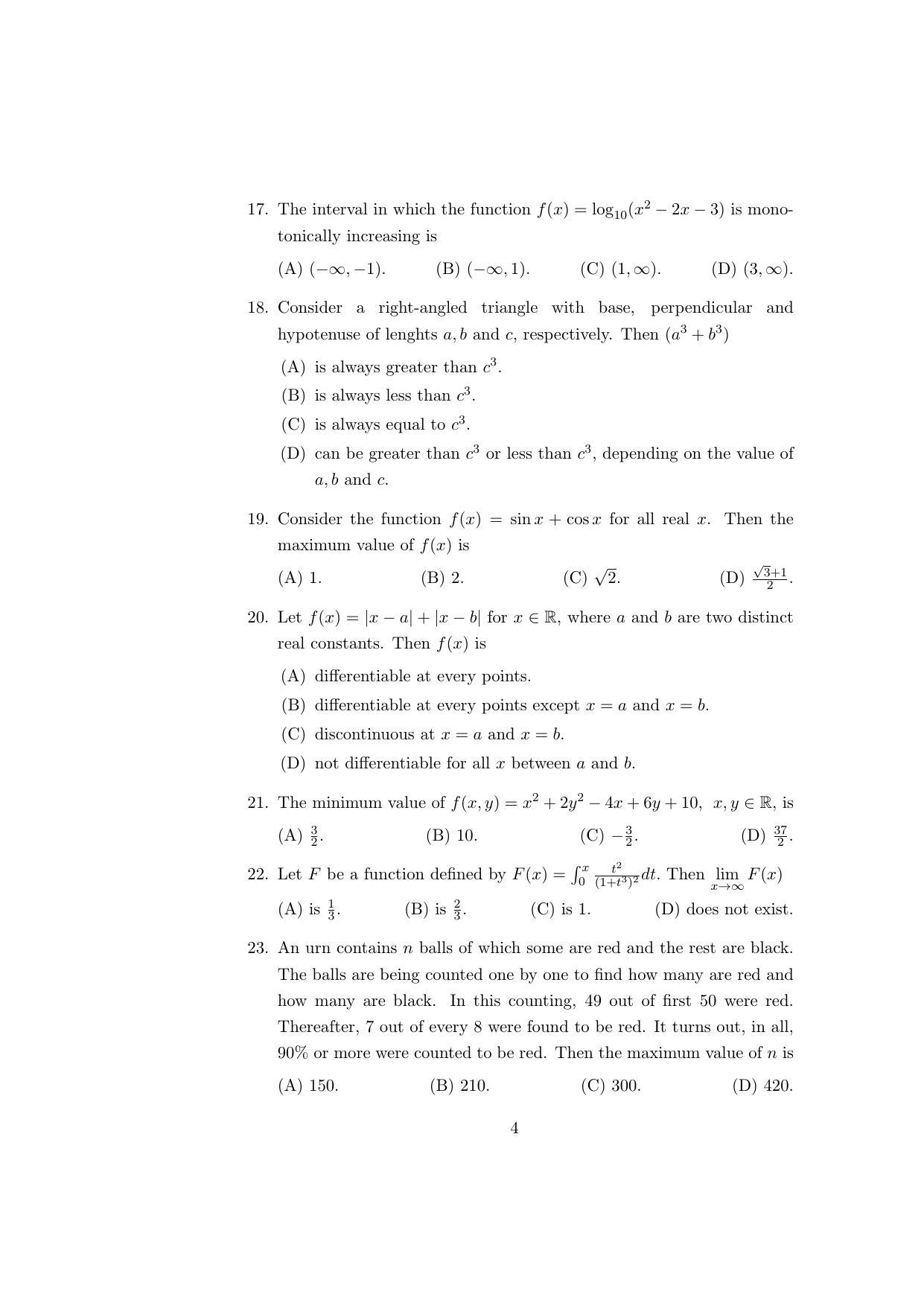 ISI Admission Test PG Diploma in Statistical Methods and Analytics DST 2017 Sample Paper - Page 4