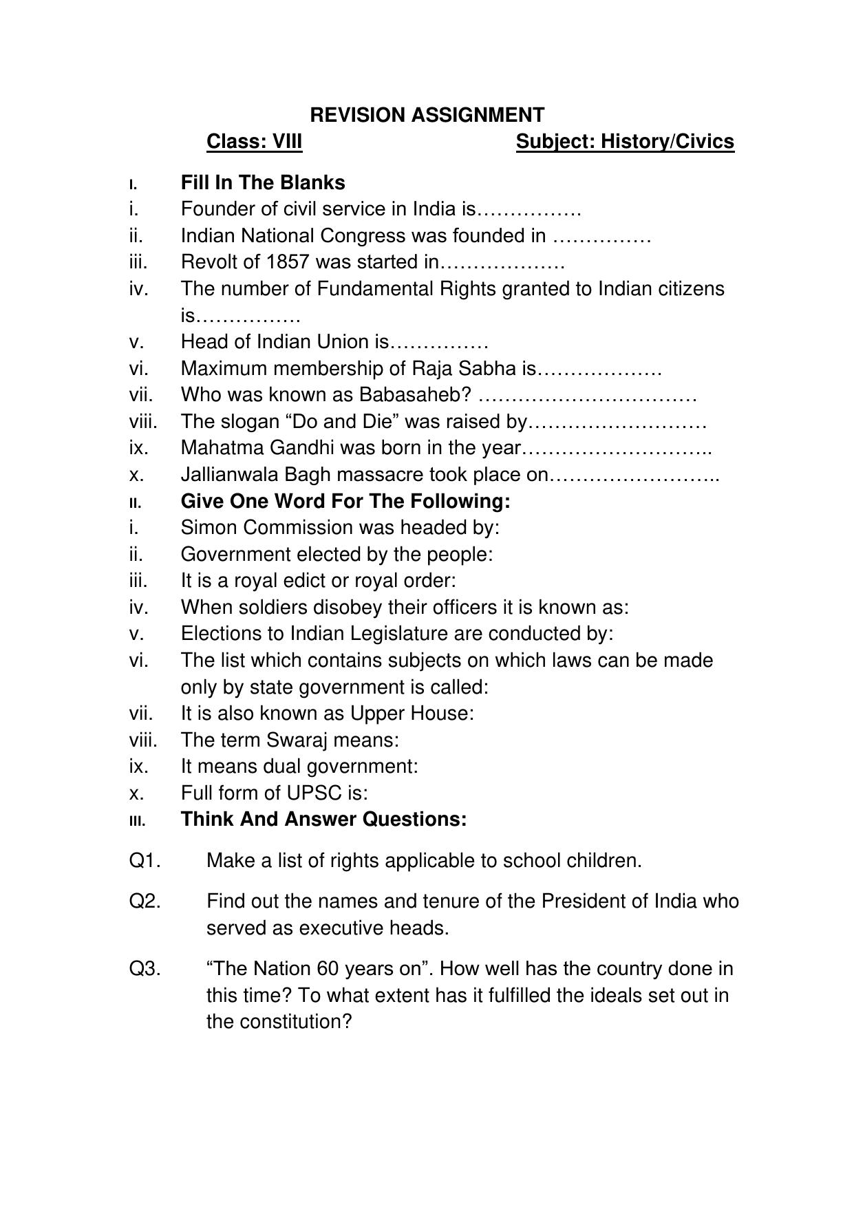 CBSE Worksheets for Class 8 Social Science Assignment 9 - Page 1