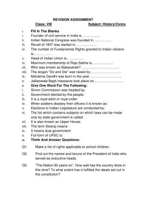 CBSE Worksheets for Class 8 Social Science Assignment 9