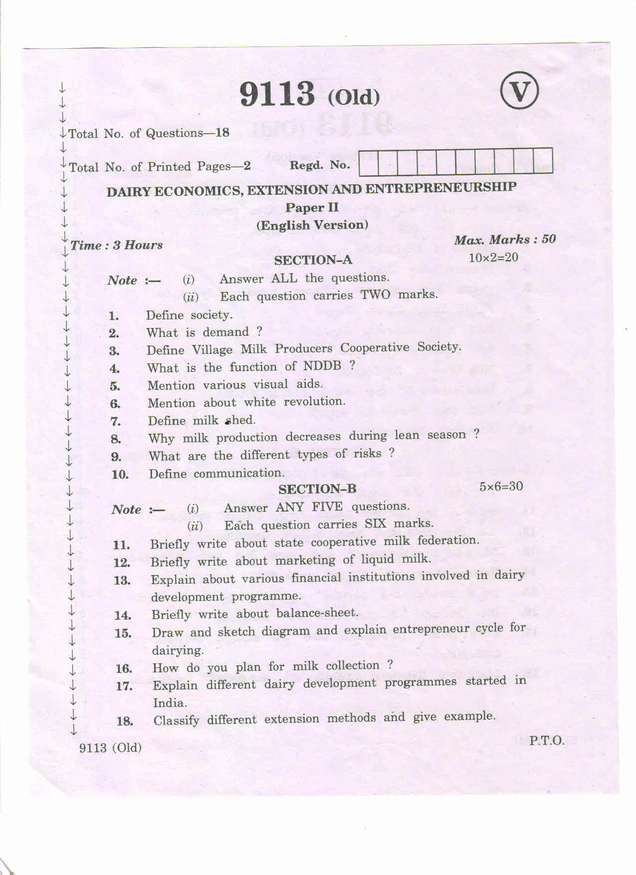 AP Inter 2nd Year Dairy Economics Extension Entrepreneurship-II (old) March-2020-Vocational Question Pape - Page 1