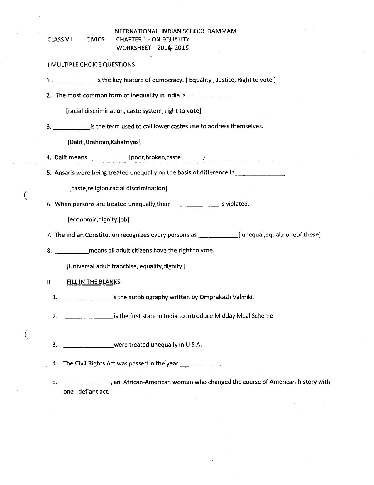 CBSE Worksheets for Class 7 Geography Equality Assignment 1 - Page 1