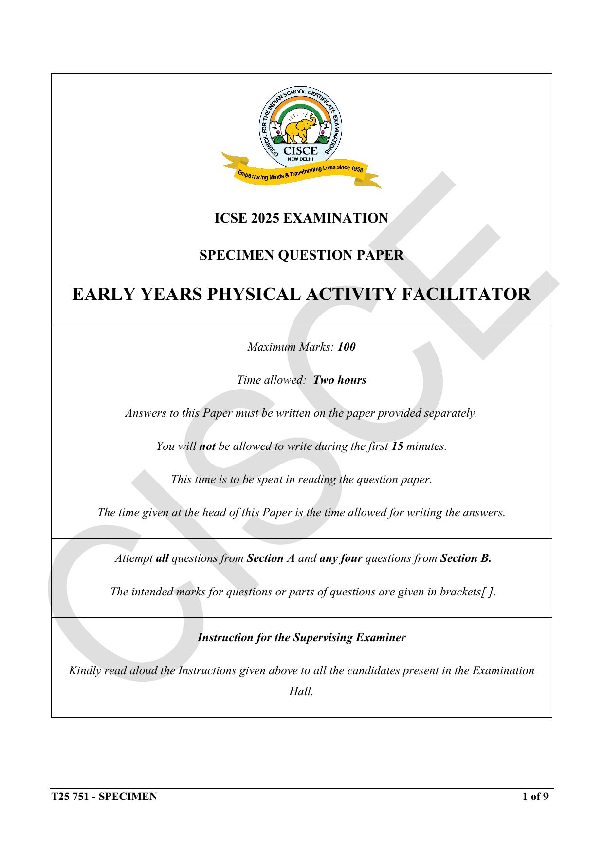 ICSE Class 10 2025 Early Years Physical Activity Facilitator (QP & MS) Specimen Paper - Page 1