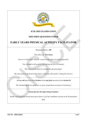 ICSE Class 10 2025 Early Years Physical Activity Facilitator (QP & MS) Specimen Paper