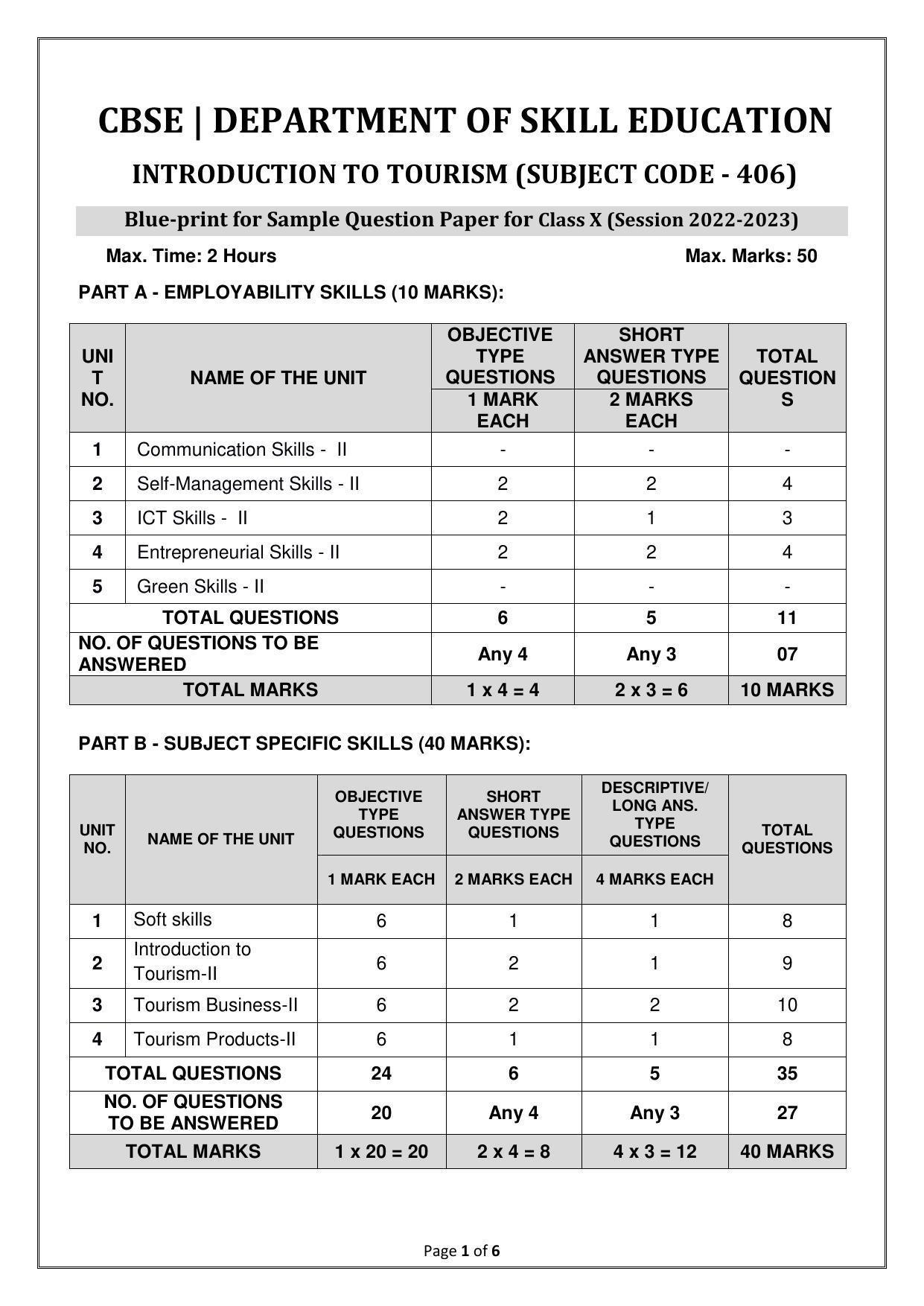 CBSE Class 10 (Skill Education) Introduction To Tourism Sample Papers 2023 - Page 1