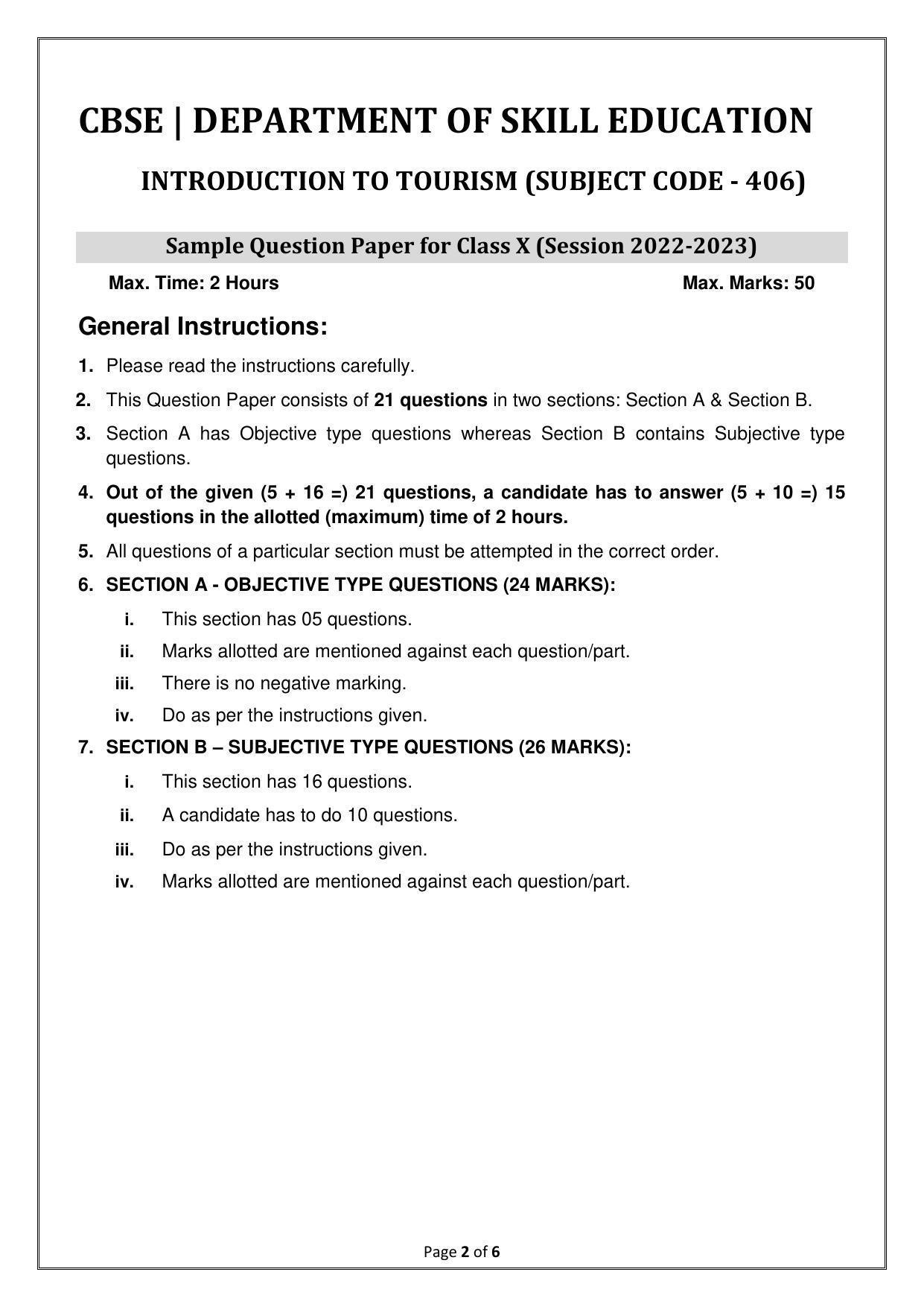 CBSE Class 10 (Skill Education) Introduction To Tourism Sample Papers 2023 - Page 2