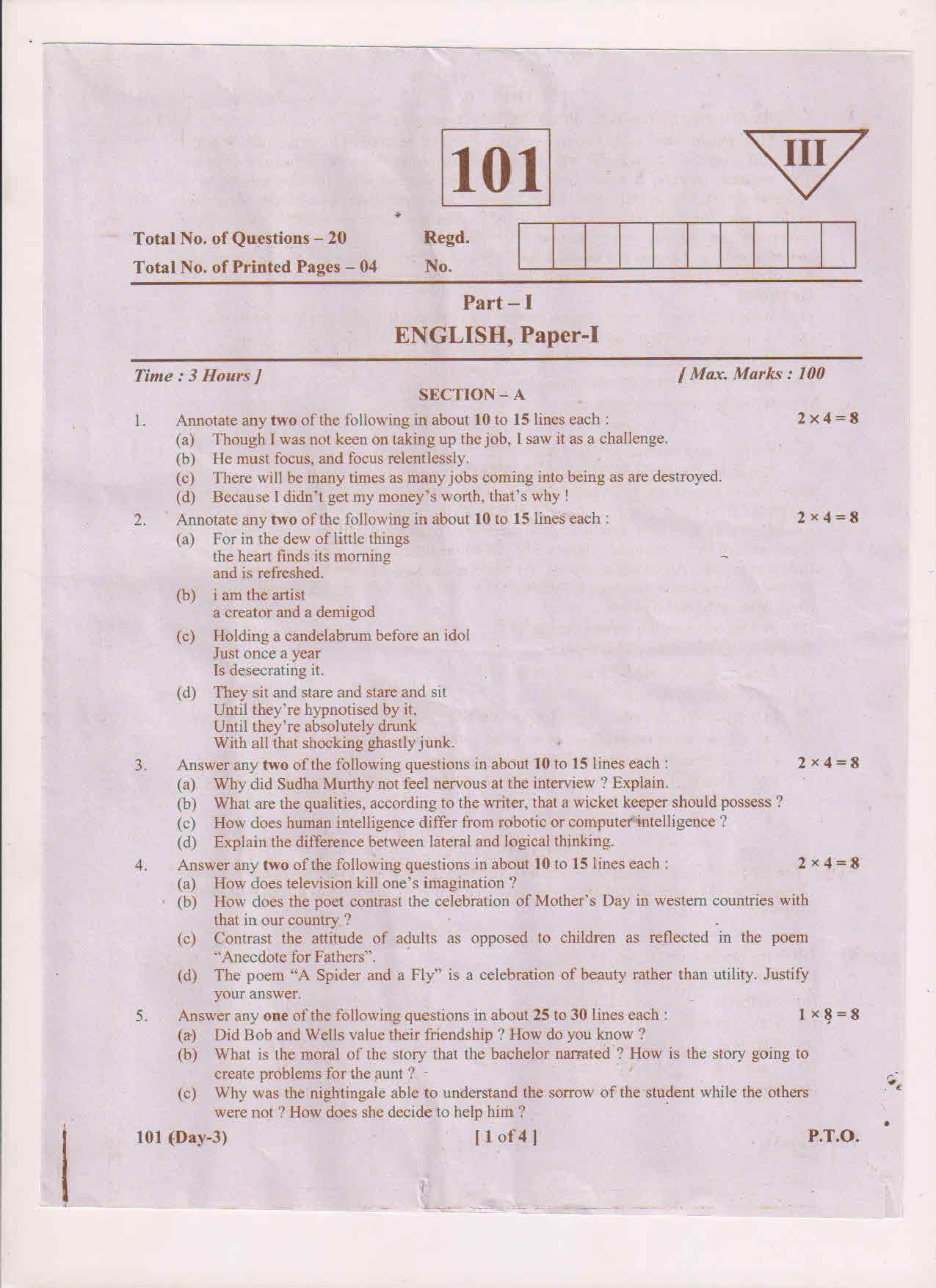 AP Inter 1st Year English-I May-2018 (General) Question Paper - Page 1