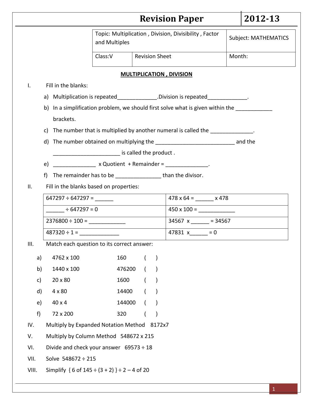 Worksheet for Class 5 Maths Assignment 30 - Page 1
