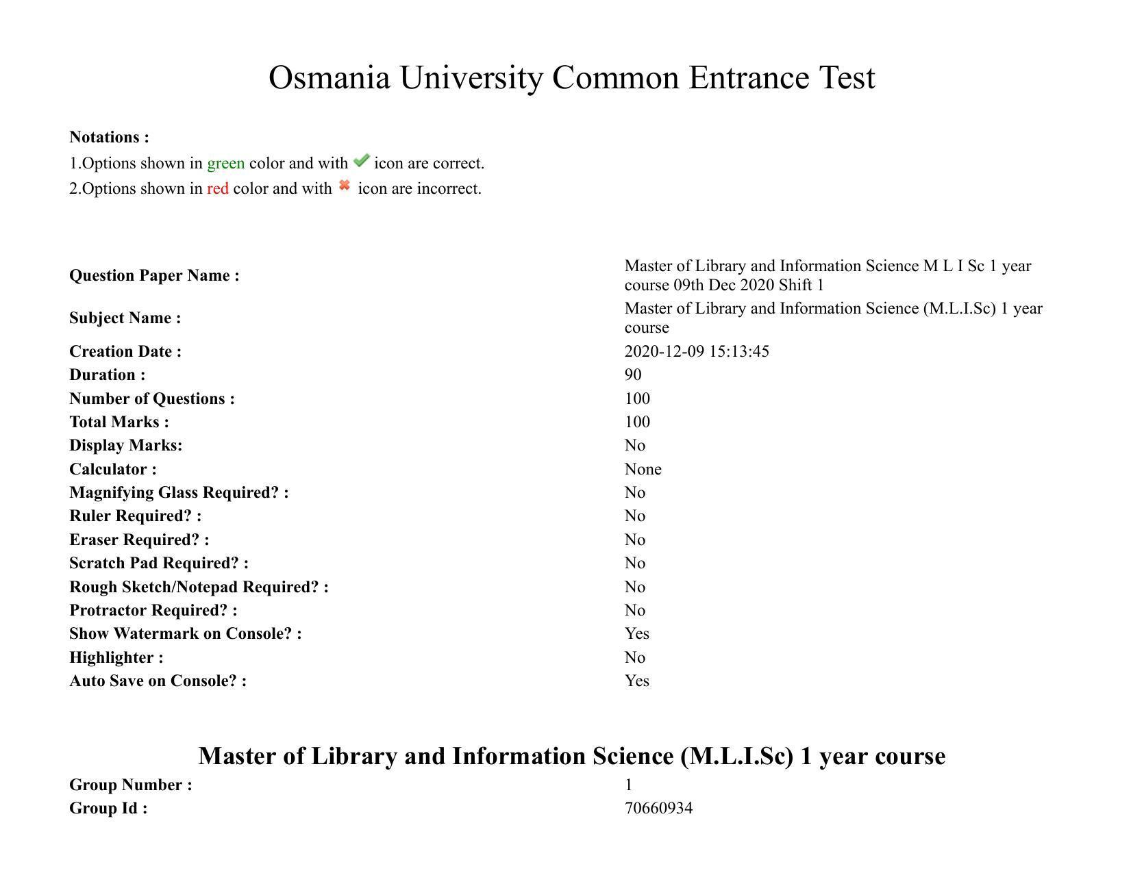 TS CPGET 2020 Master of Library and Information Science (M.L.I.Sc) 1 year  course (Shift 1) Question Paper with Answer Key - Page 1